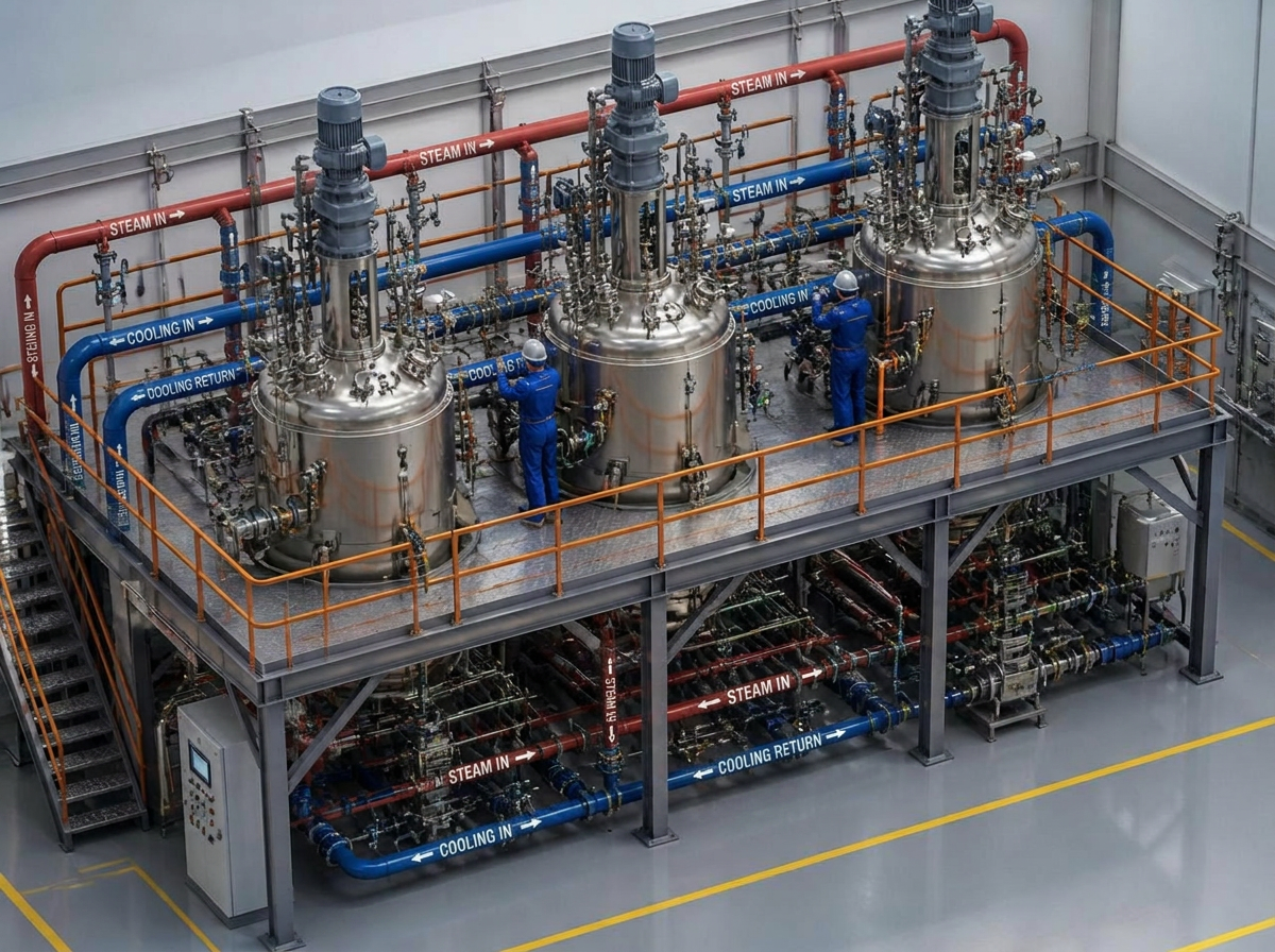 3D engineering render of a three-reactor high-pressure system with jacketed heating and cooling circuits and engineers working on the platform