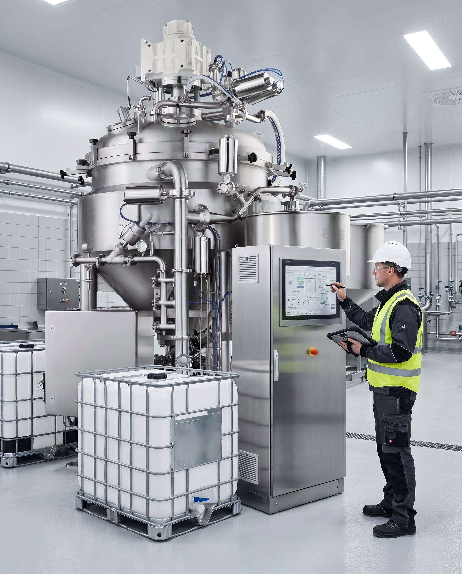 Isometric 3D model of reactors and mixers on a steel mezzanine with engineers working and IBC storage
